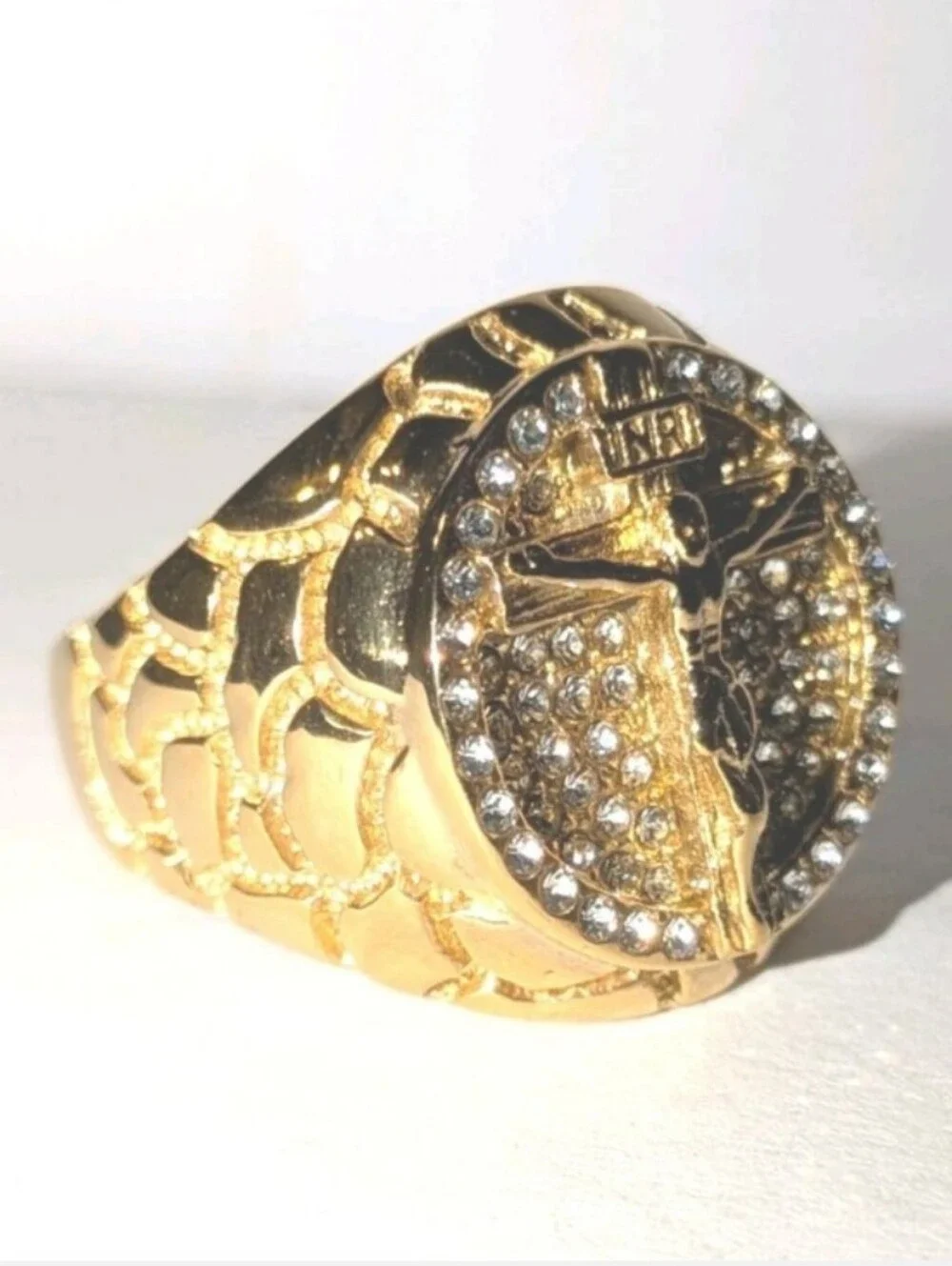 3ct Round CUT MOISSANITE MENS 14K YELLOW GOLD PLATED JEANS CRUSIFIX RING SZ 11
